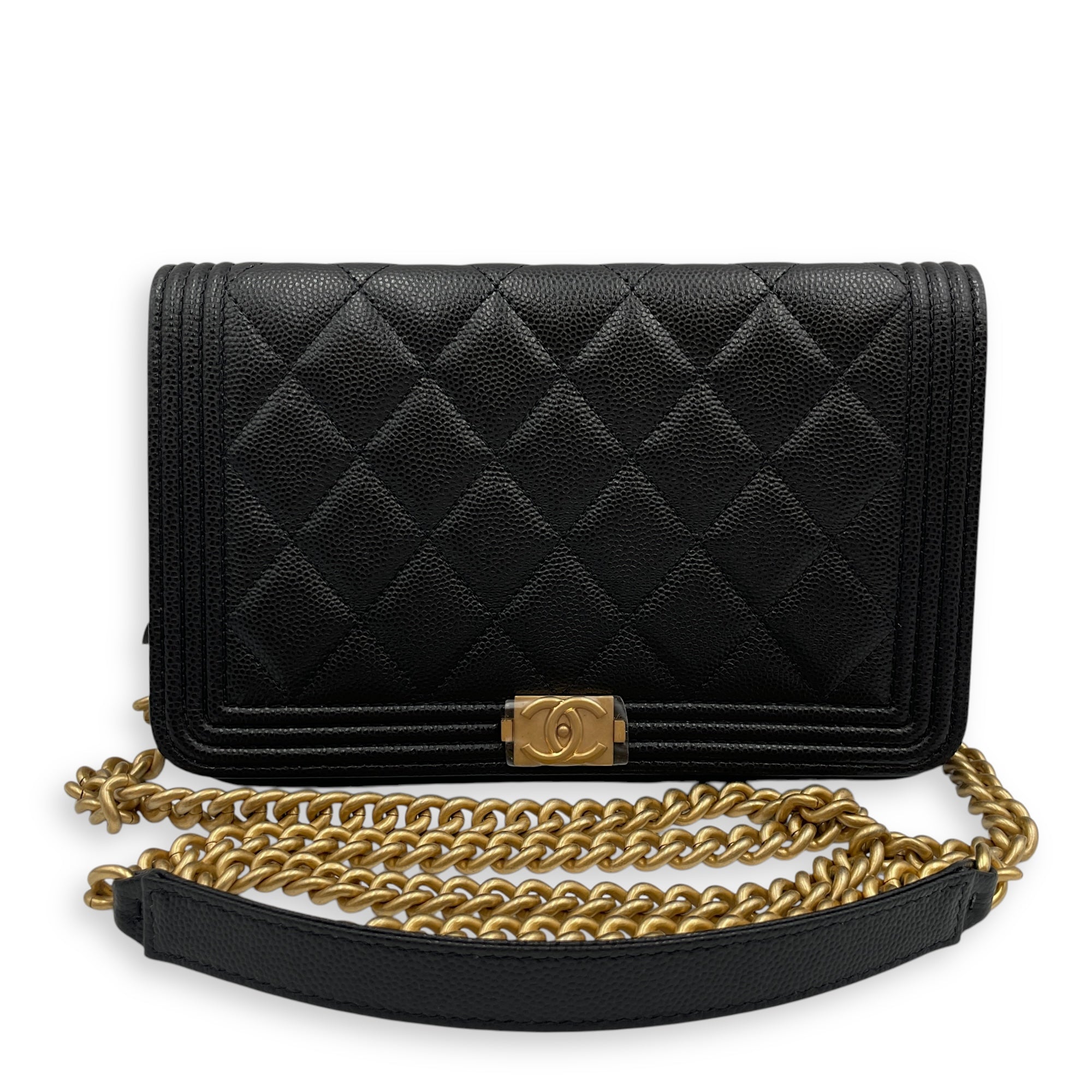 La Boy Black Wallet On Chain in Caviar Leather, Brushed Gold hardware
