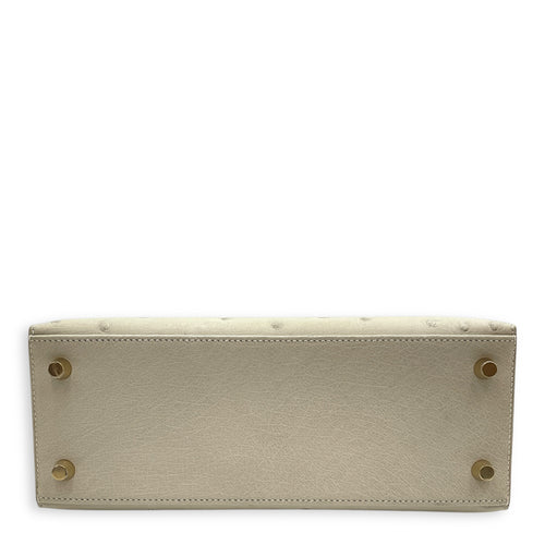 Sellier Kelly 25 Gris Perle in Ostrich, Gold hardware