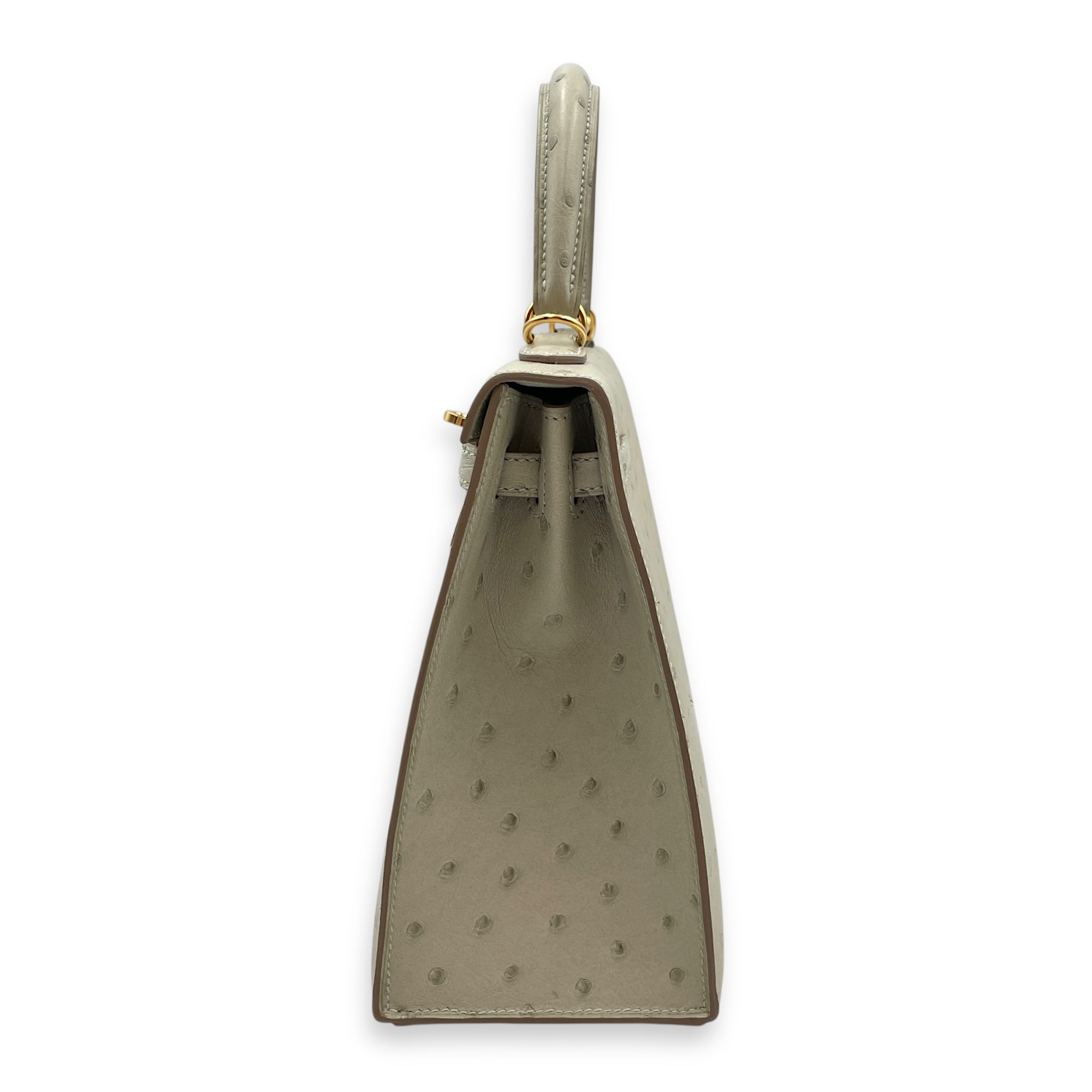 Sellier Kelly 25 Gris Perle in Ostrich, Gold hardware