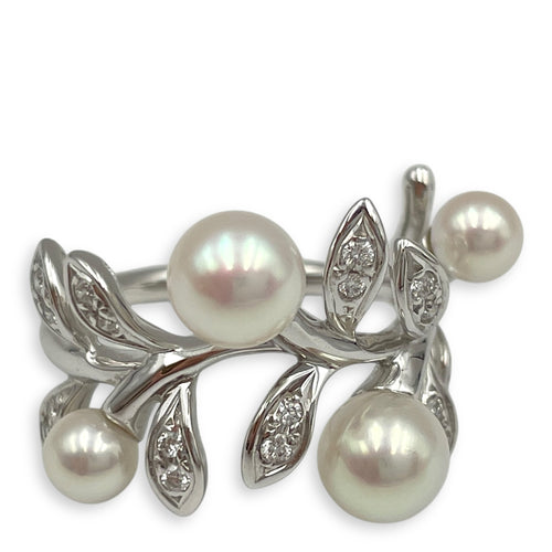 Akoya Pearl and Diamond Olive Ring in 18k White Gold
