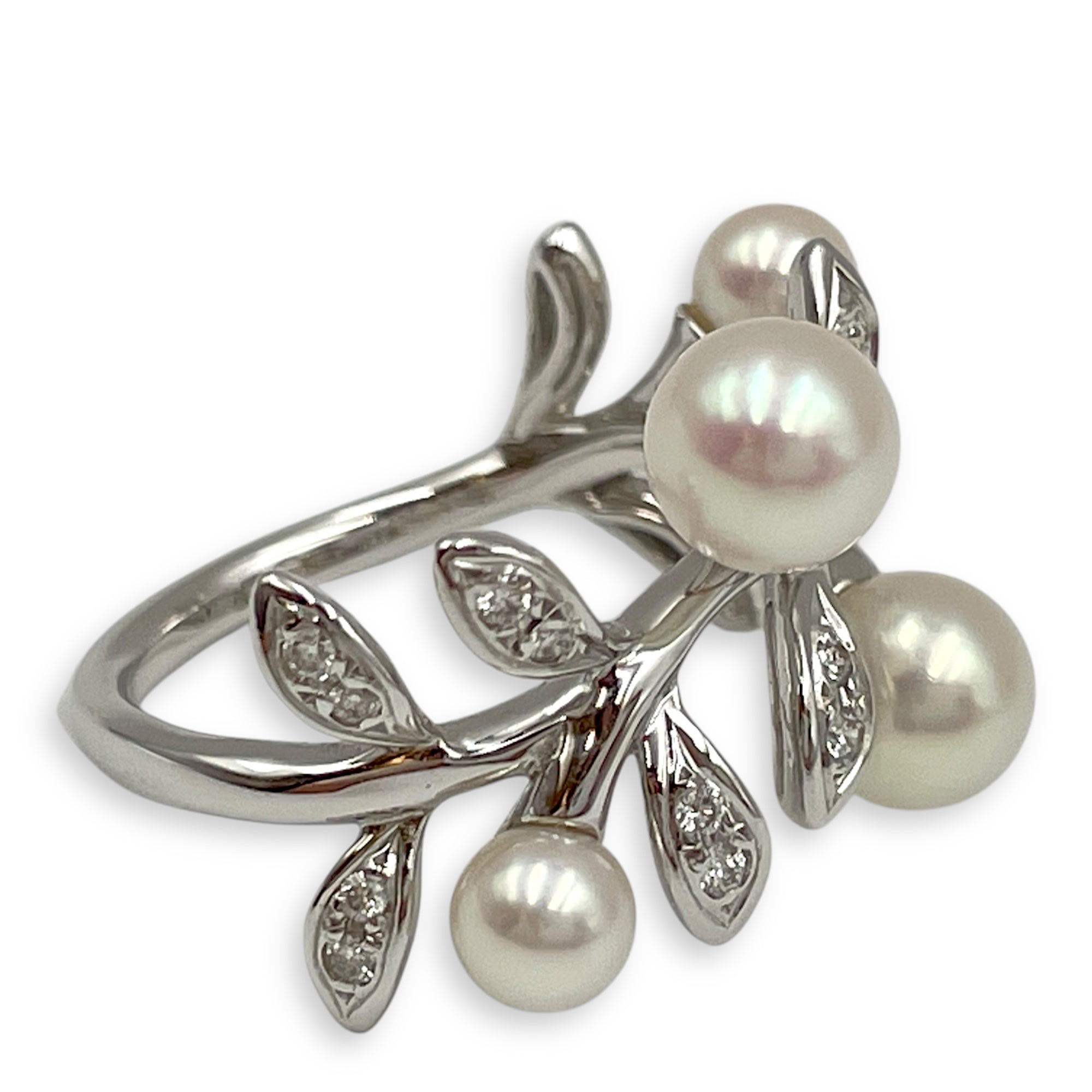 Akoya Pearl and Diamond Olive Ring in 18k White Gold