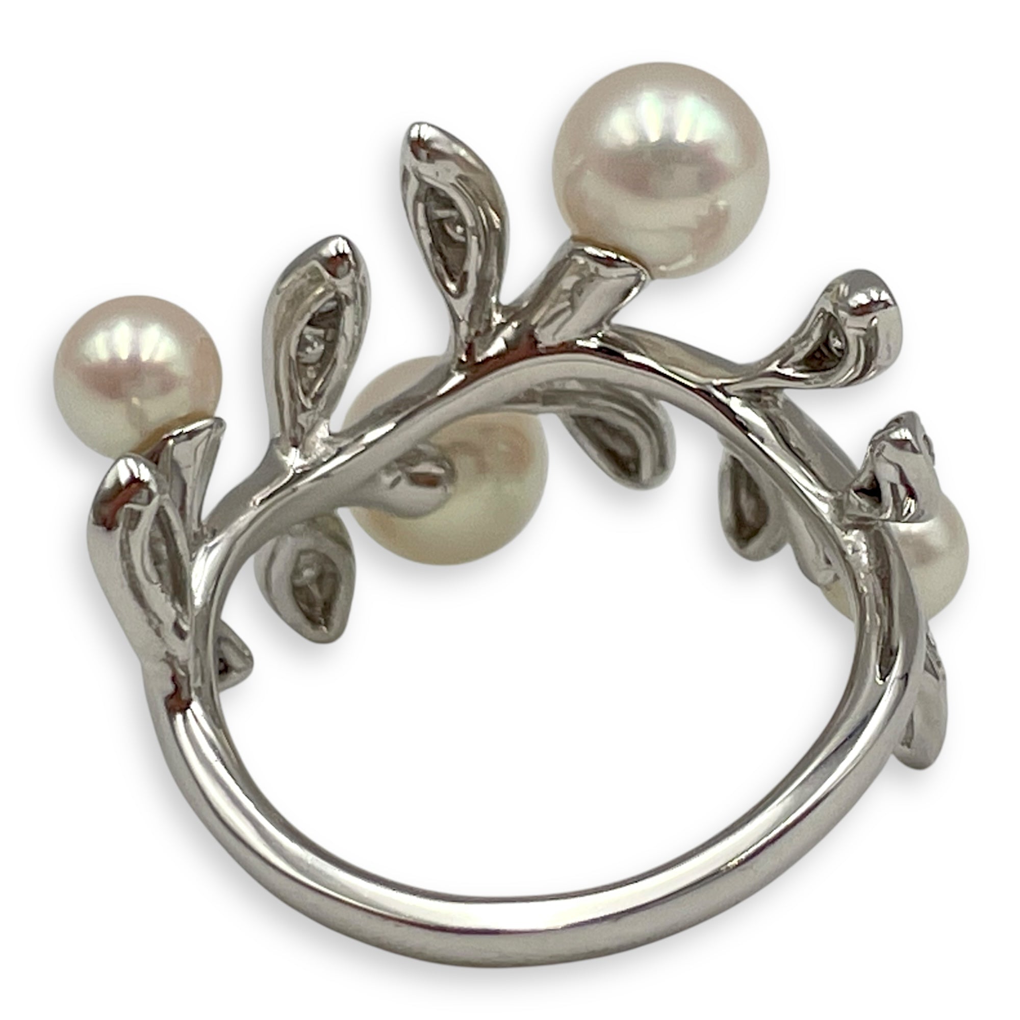 Akoya Pearl and Diamond Olive Ring in 18k White Gold