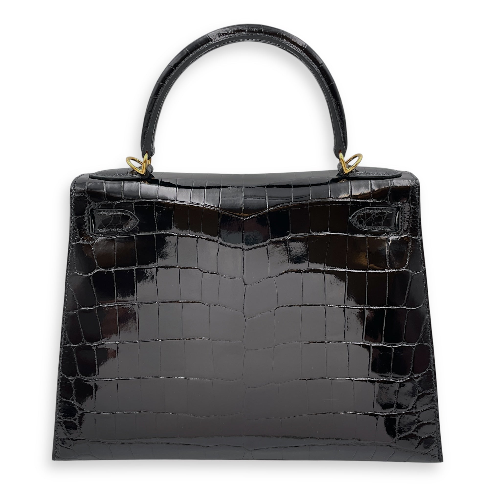 Sellier Kelly 28 Black in Shiny Niloticus, Gold hardware