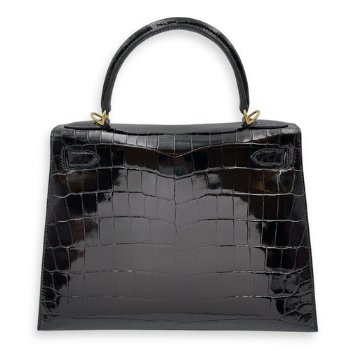Sellier Kelly 28 Black in Shiny Niloticus, Gold hardware