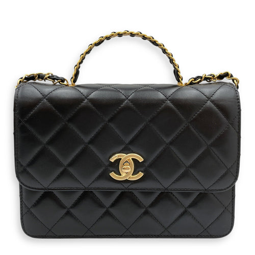 Quilted Matelasse Black Top Handle Black in Lambskin Gold hardware