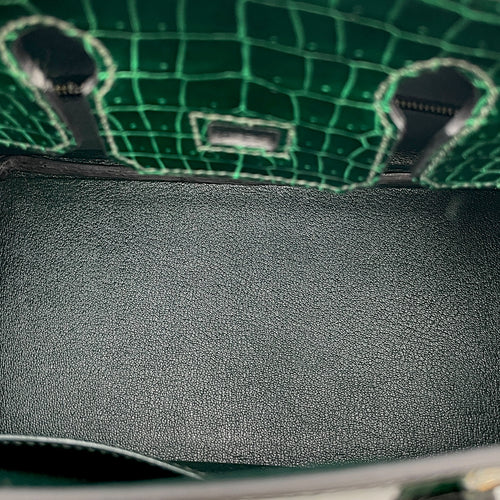 Birkin 25 Vert Fonce in Shiny Porosus, Gold hardware