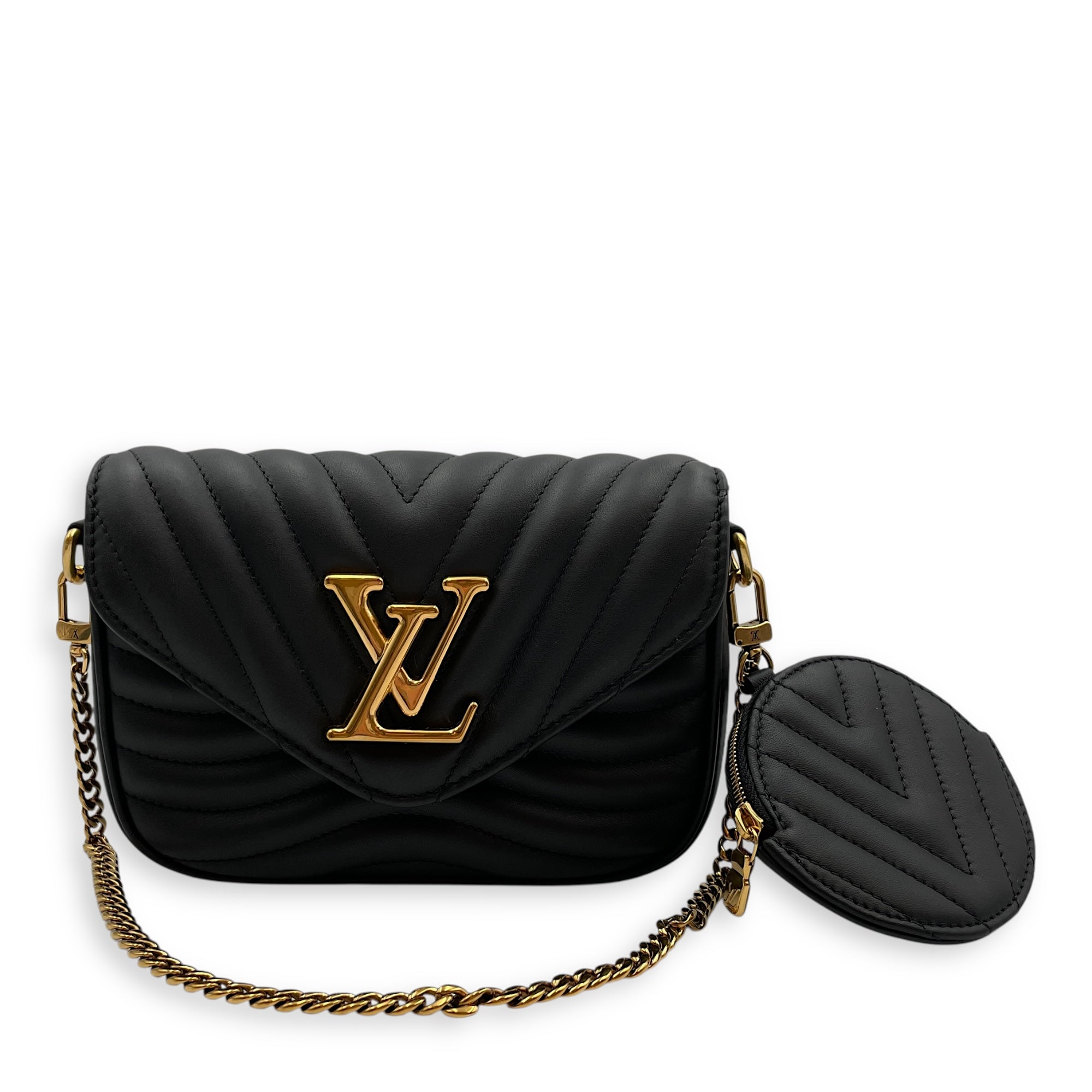 New Wave Multi Pochette Black Crossbody Bag in Calfskin, Gold hardware