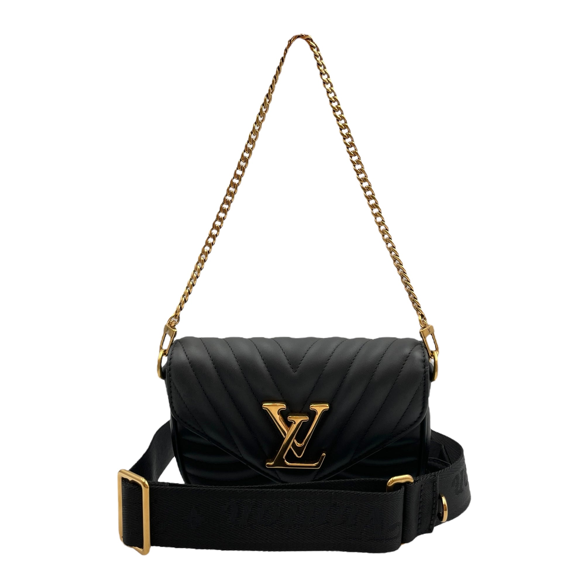 New Wave Multi Pochette Black Crossbody Bag in Calfskin, Gold hardware