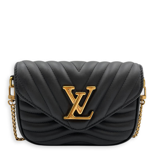 New Wave Multi Pochette Black Crossbody Bag in Calfskin, Gold hardware