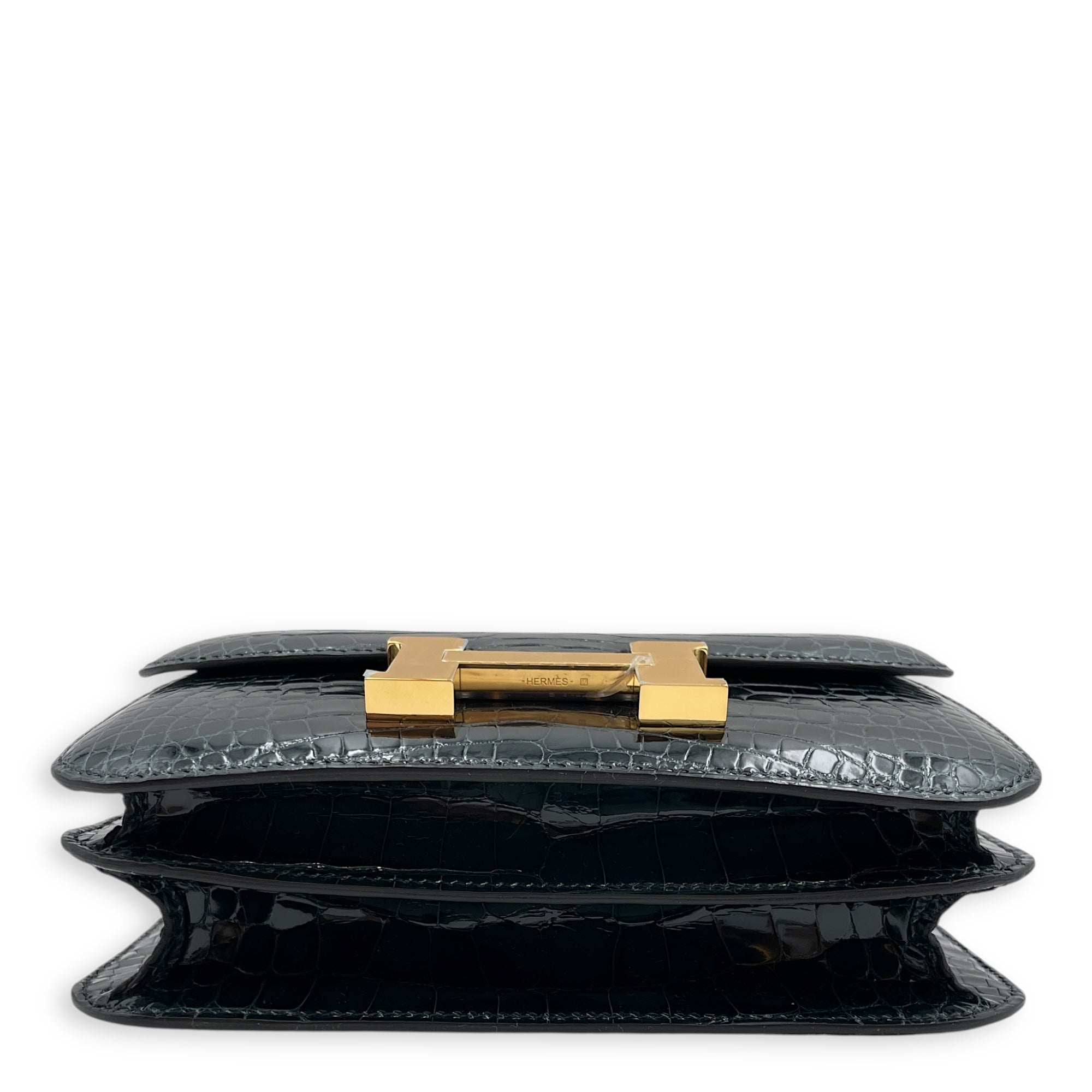 Constance Mirror 18 Vert Rousseau in Shiny Alligator Gold hardware