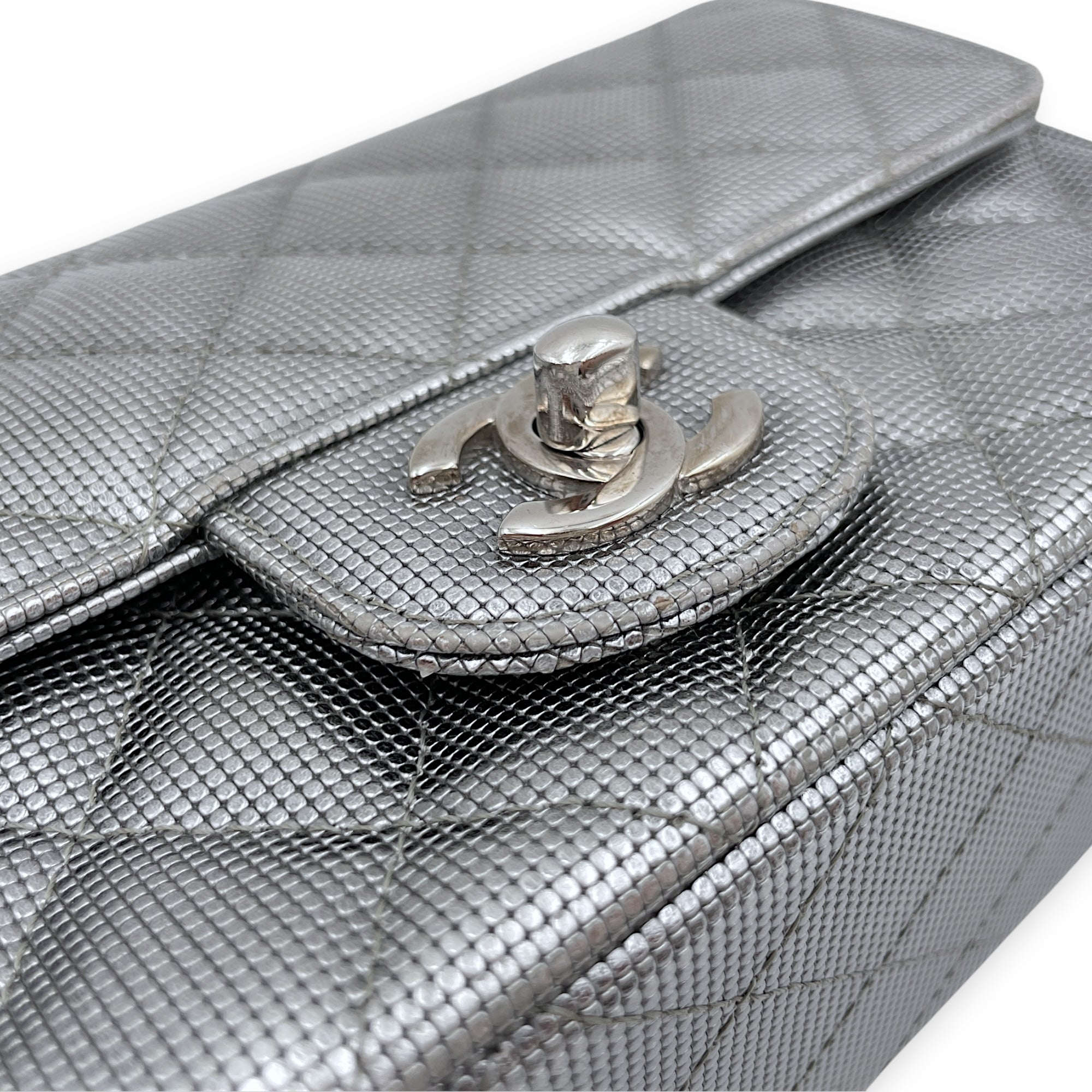 Quilted Pixel Effect Rectangular Flap Mini Silver Crossbody Bag in Metallic, Silver hardware