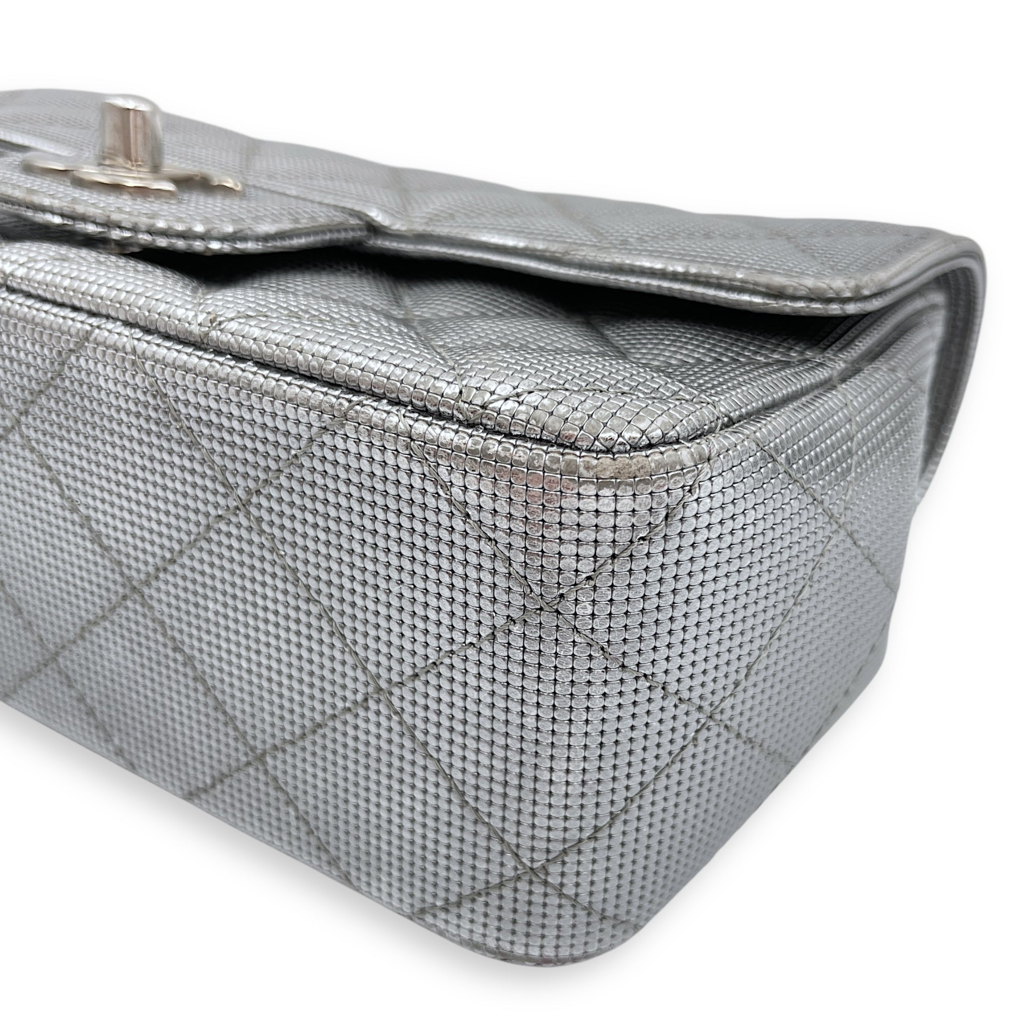 Quilted Pixel Effect Rectangular Flap Mini Silver Crossbody Bag in Metallic, Silver hardware