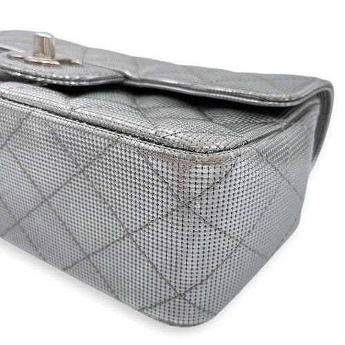 Quilted Pixel Effect Rectangular Flap Mini Silver Crossbody Bag in Metallic, Silver hardware