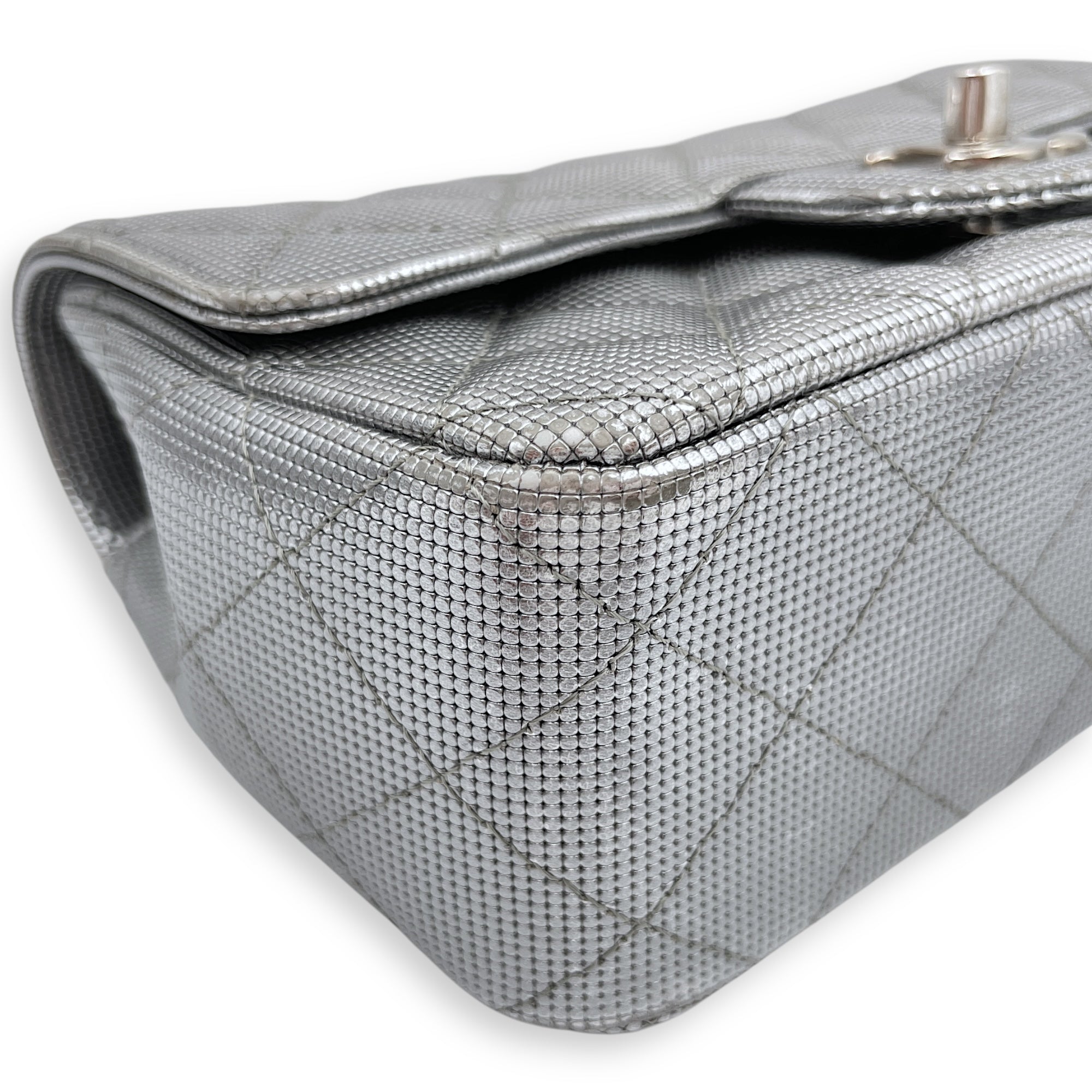 Quilted Pixel Effect Rectangular Flap Mini Silver Crossbody Bag in Metallic, Silver hardware