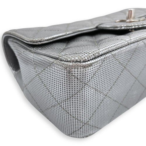 Quilted Pixel Effect Rectangular Flap Mini Silver Crossbody Bag in Metallic, Silver hardware