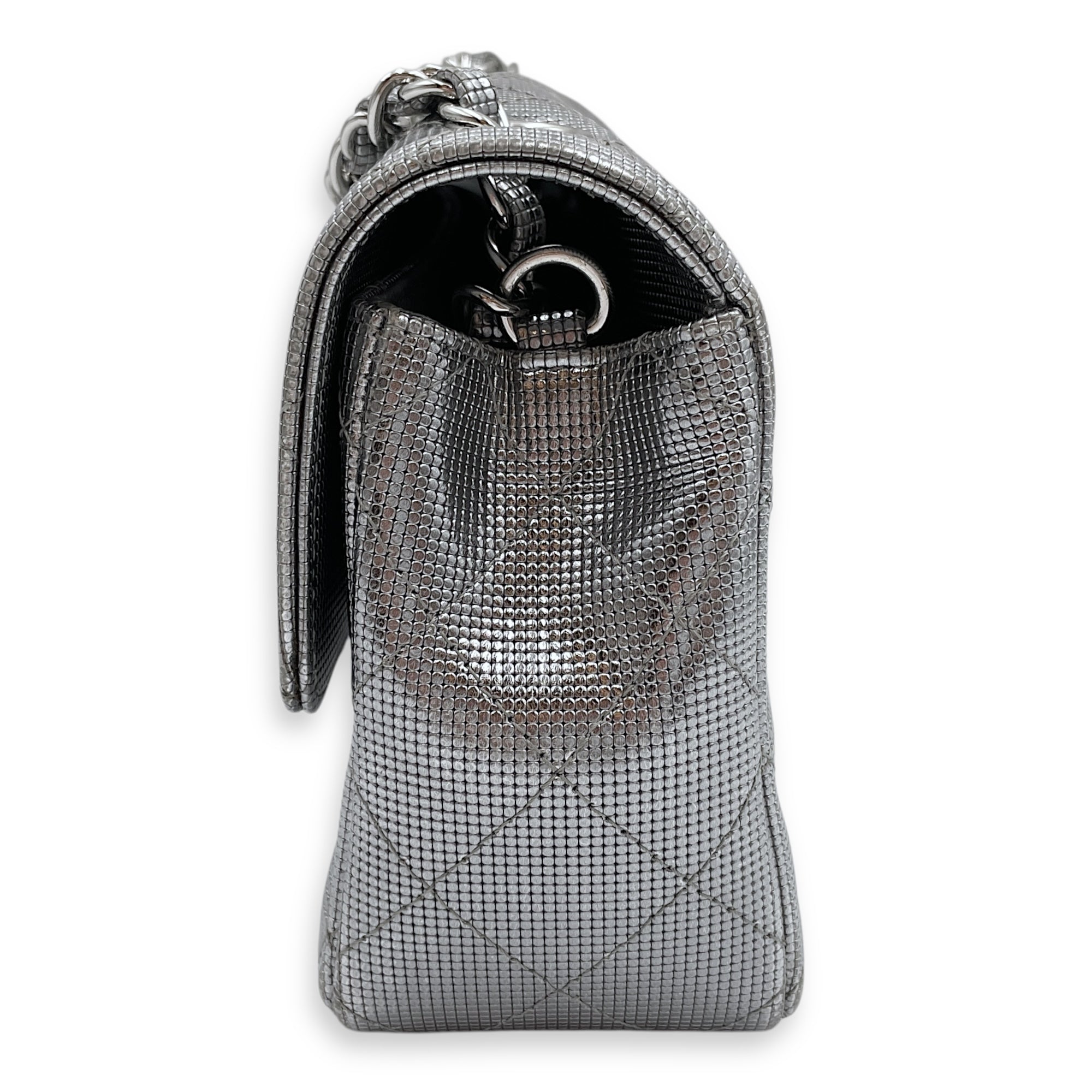 Quilted Pixel Effect Rectangular Flap Mini Silver Crossbody Bag in Metallic, Silver hardware