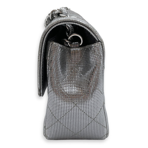 Quilted Pixel Effect Rectangular Flap Mini Silver Crossbody Bag in Metallic, Silver hardware