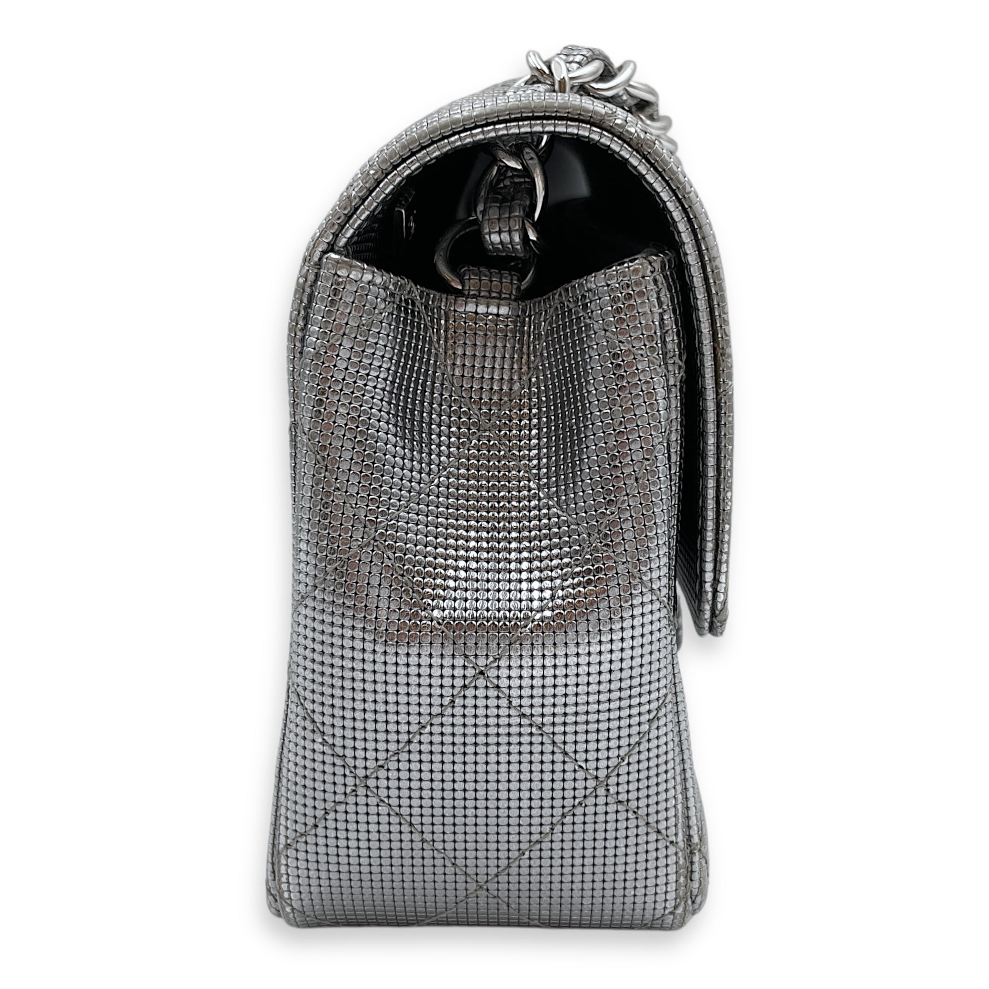 Quilted Pixel Effect Rectangular Flap Mini Silver Crossbody Bag in Metallic, Silver hardware