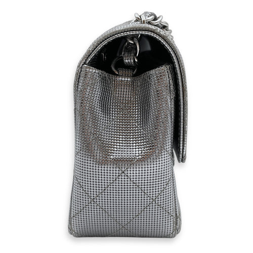 Quilted Pixel Effect Rectangular Flap Mini Silver Crossbody Bag in Metallic, Silver hardware