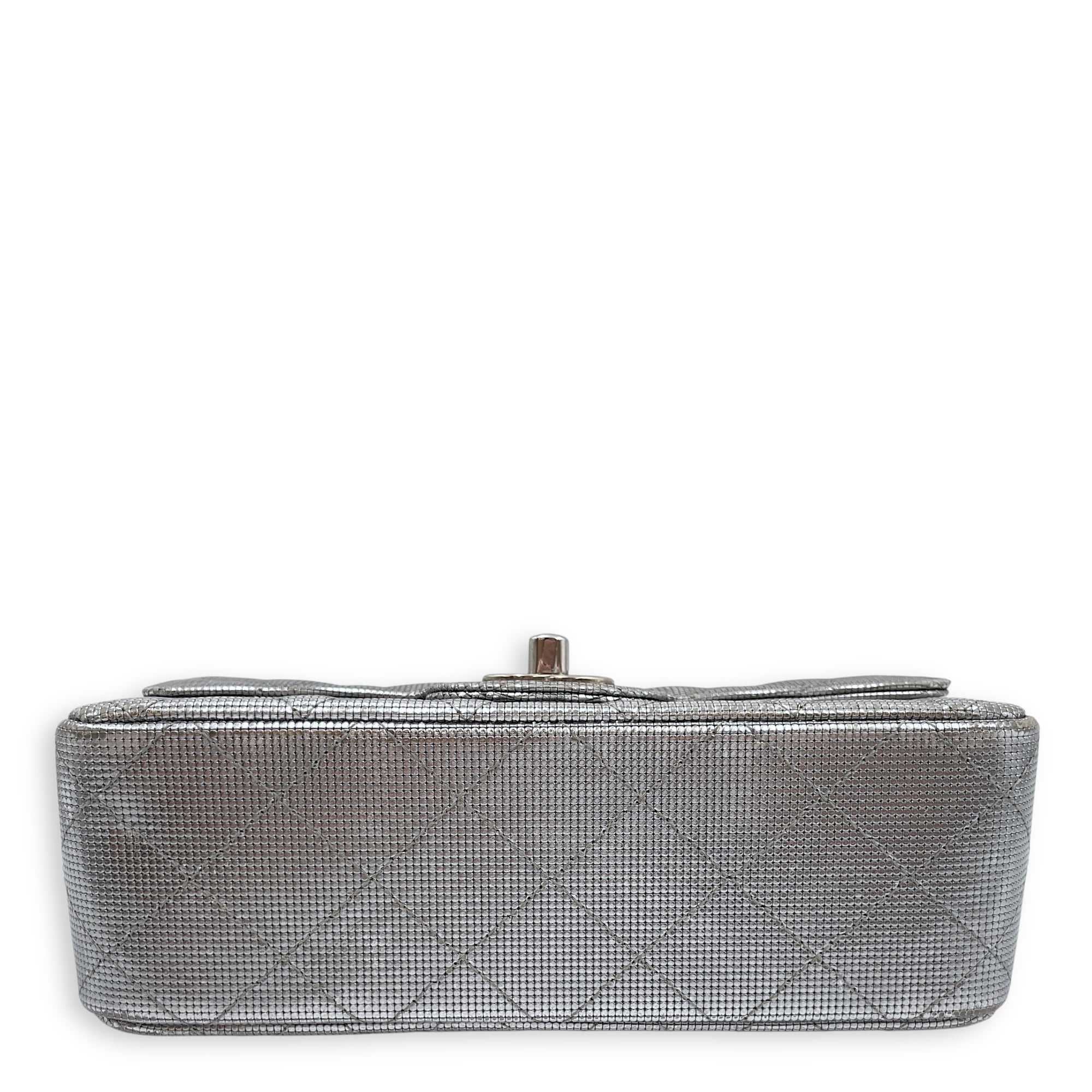 Quilted Pixel Effect Rectangular Flap Mini Silver Crossbody Bag in Metallic, Silver hardware