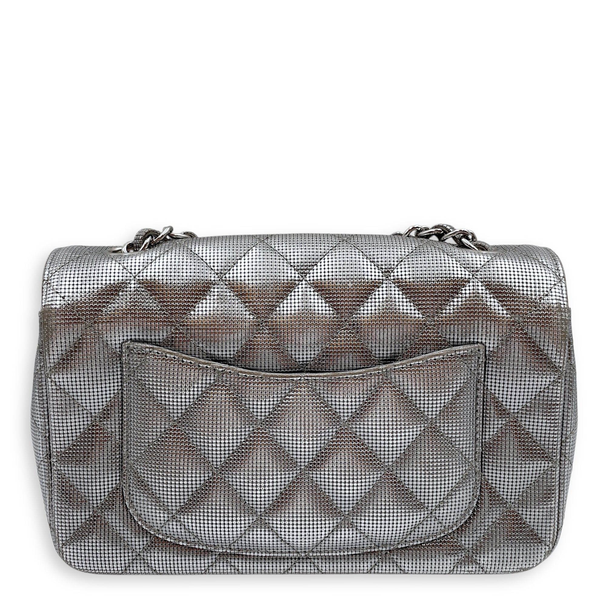 Quilted Pixel Effect Rectangular Flap Mini Silver Crossbody Bag in Metallic, Silver hardware