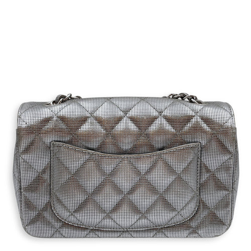 Quilted Pixel Effect Rectangular Flap Mini Silver Crossbody Bag in Metallic, Silver hardware