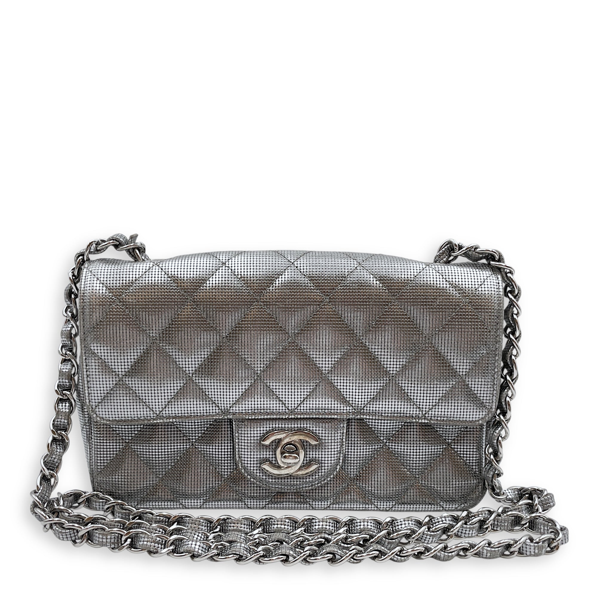 Quilted Pixel Effect Rectangular Flap Mini Silver Crossbody Bag in Metallic, Silver hardware