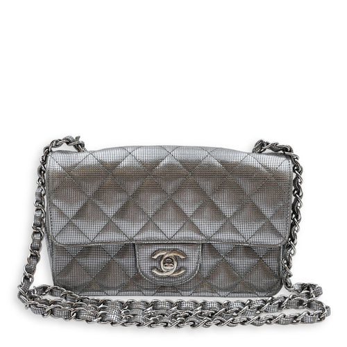 Quilted Pixel Effect Rectangular Flap Mini Silver Crossbody Bag in Metallic, Silver hardware