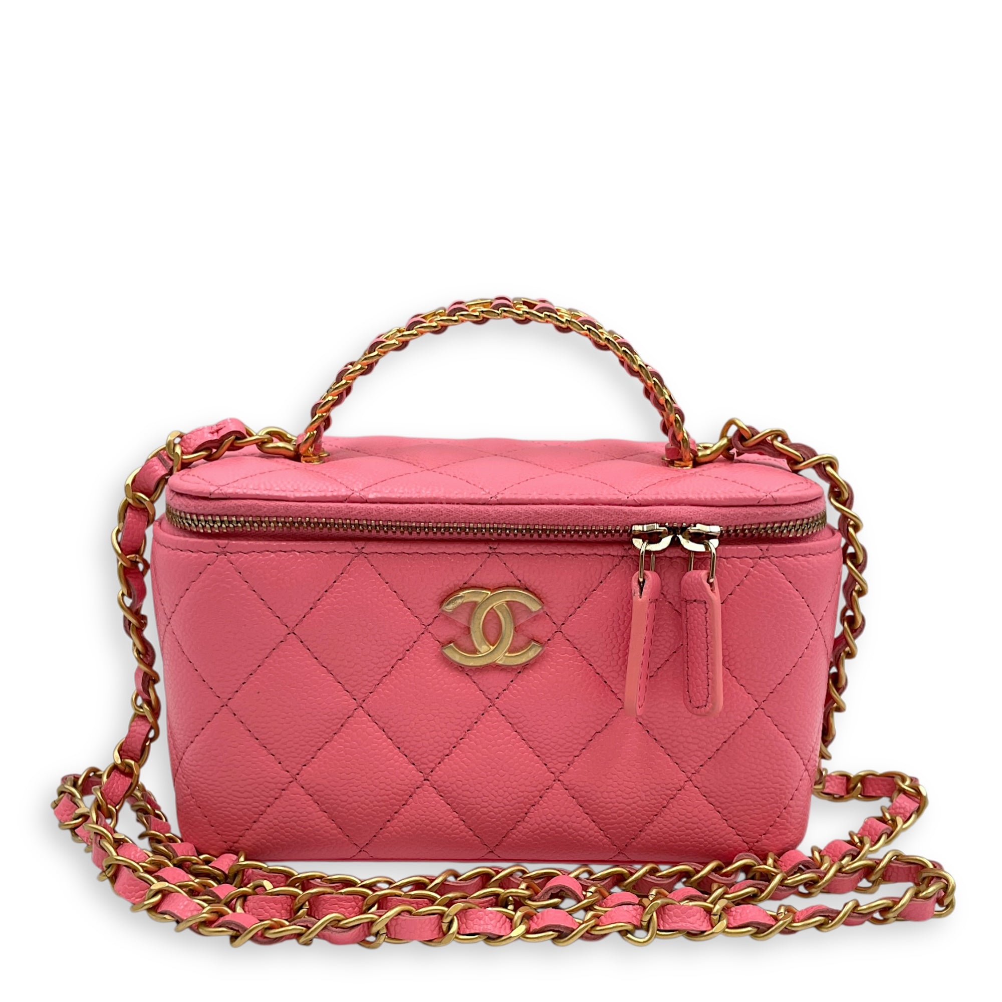 Vanity Rectangular Case Mini Pink Crossbody Bag in Caviar Leather, Gold hardware