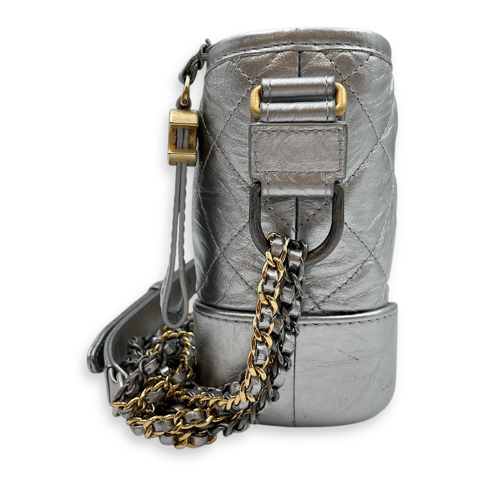 Gabrielle Hobo Silver Crossbody Bag in Distressed Leather, Tri-tone hardware