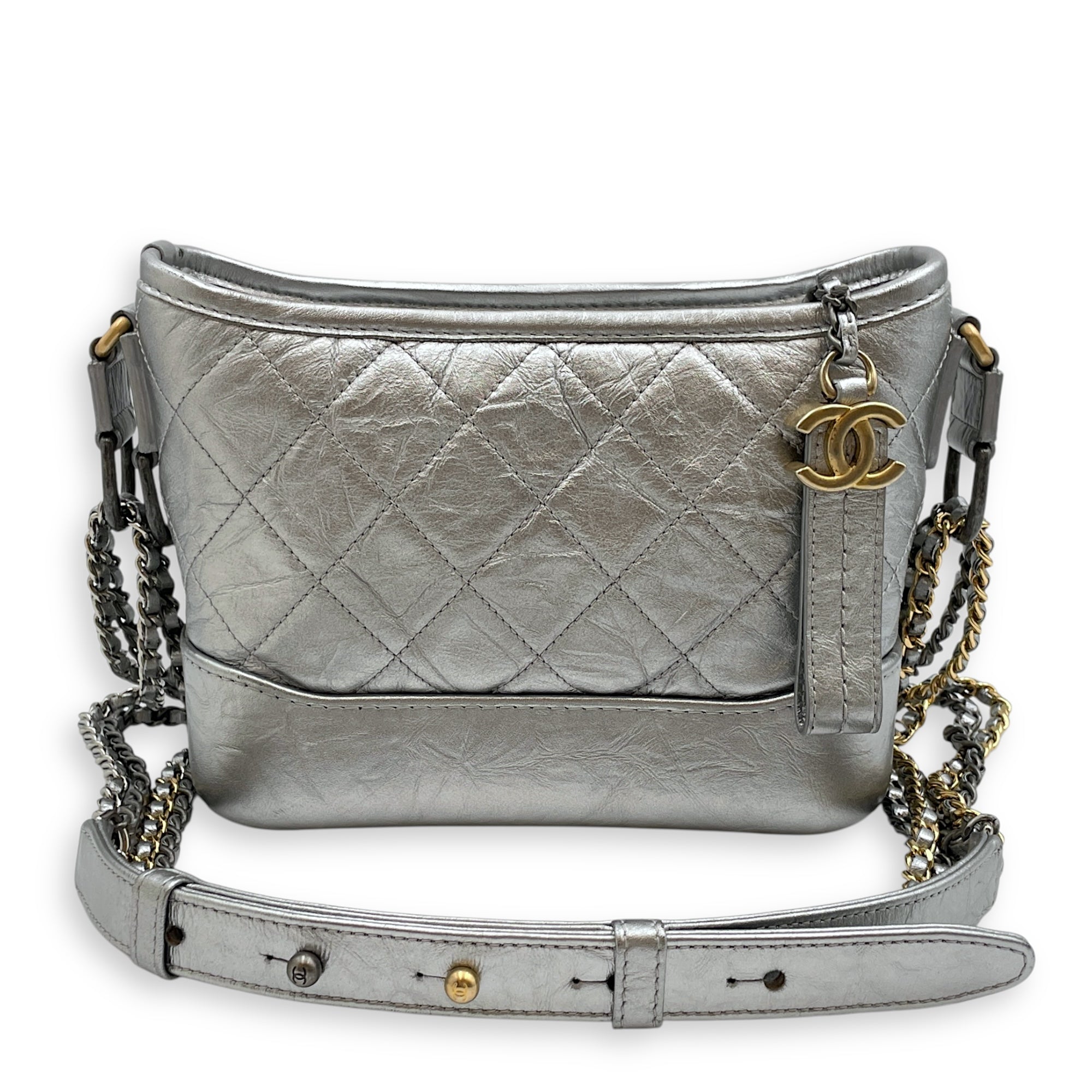 Gabrielle Hobo Silver Crossbody Bag in Distressed Leather, Tri-tone hardware