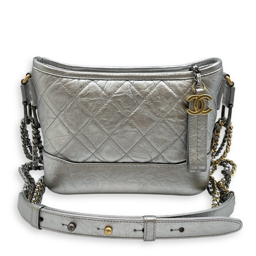 Gabrielle Hobo Silver Crossbody Bag in Distressed Leather, Tri-tone hardware