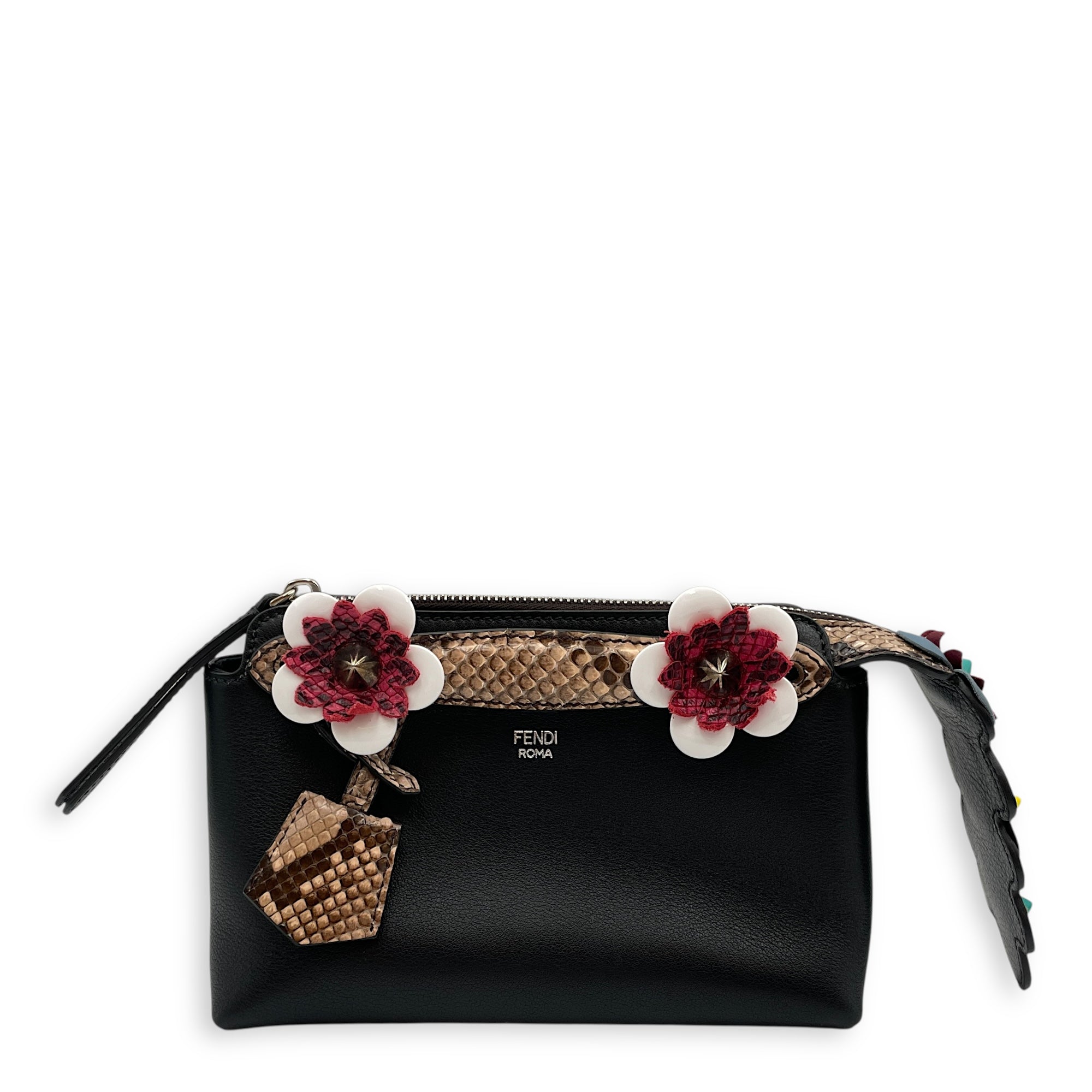 Vitello Dolce Croc Tail Flowerland Studded by the way Boston bag Mini Black Crossbody Bag in Snakeskin Nappa, Silver hardware