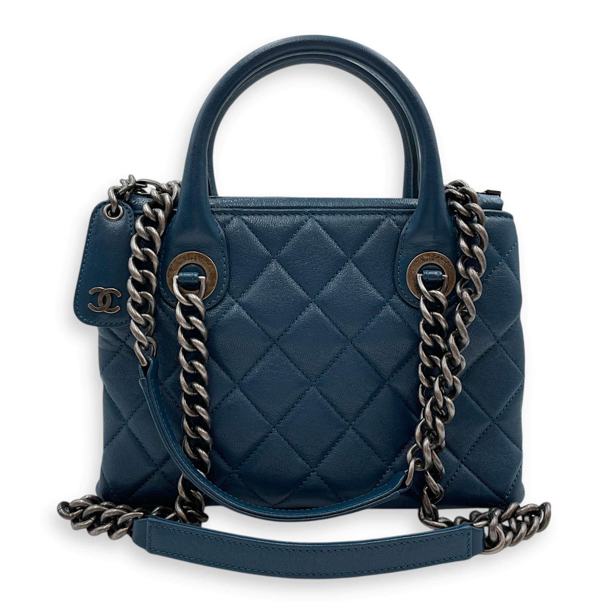 Quilted Boy Tote Small Blue Shoulder Bag in Goat Leather, Ruthenium hardware