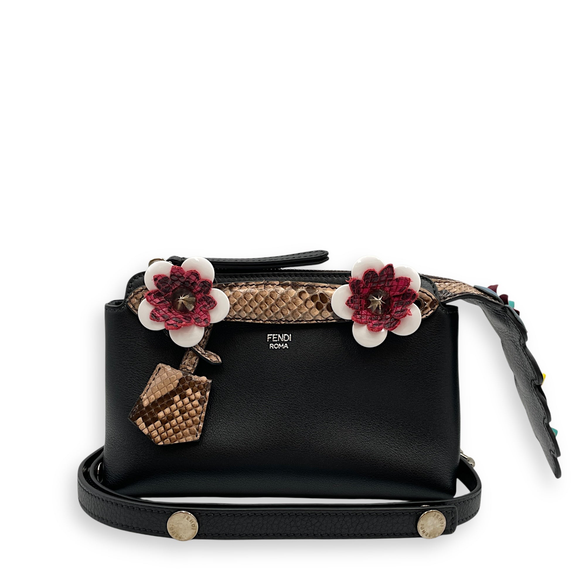 Vitello Dolce Croc Tail Flowerland Studded by the way Boston bag Mini Black Crossbody Bag in Snakeskin Nappa, Silver hardware