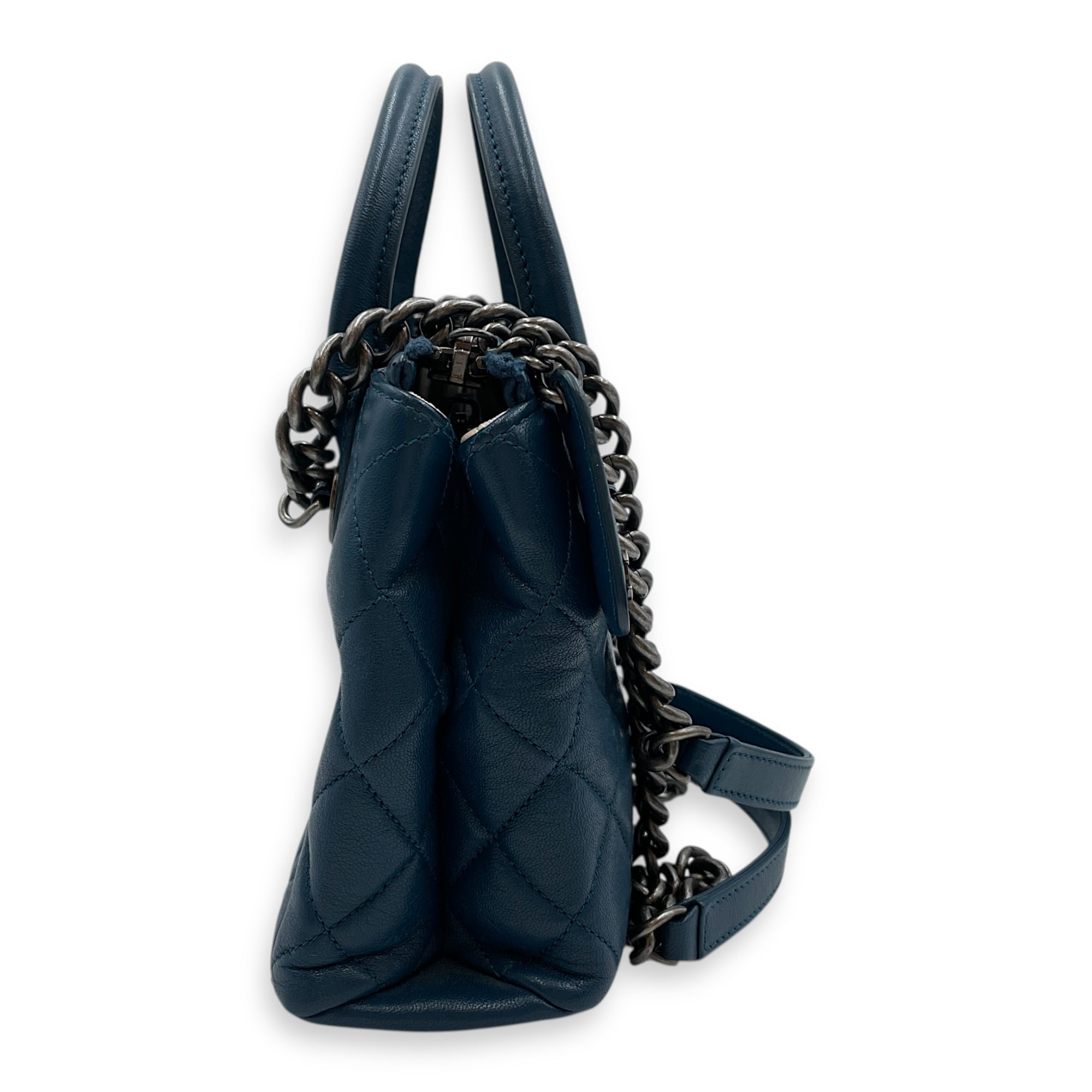 Quilted Boy Tote Small Blue Shoulder Bag in Goat Leather, Ruthenium hardware