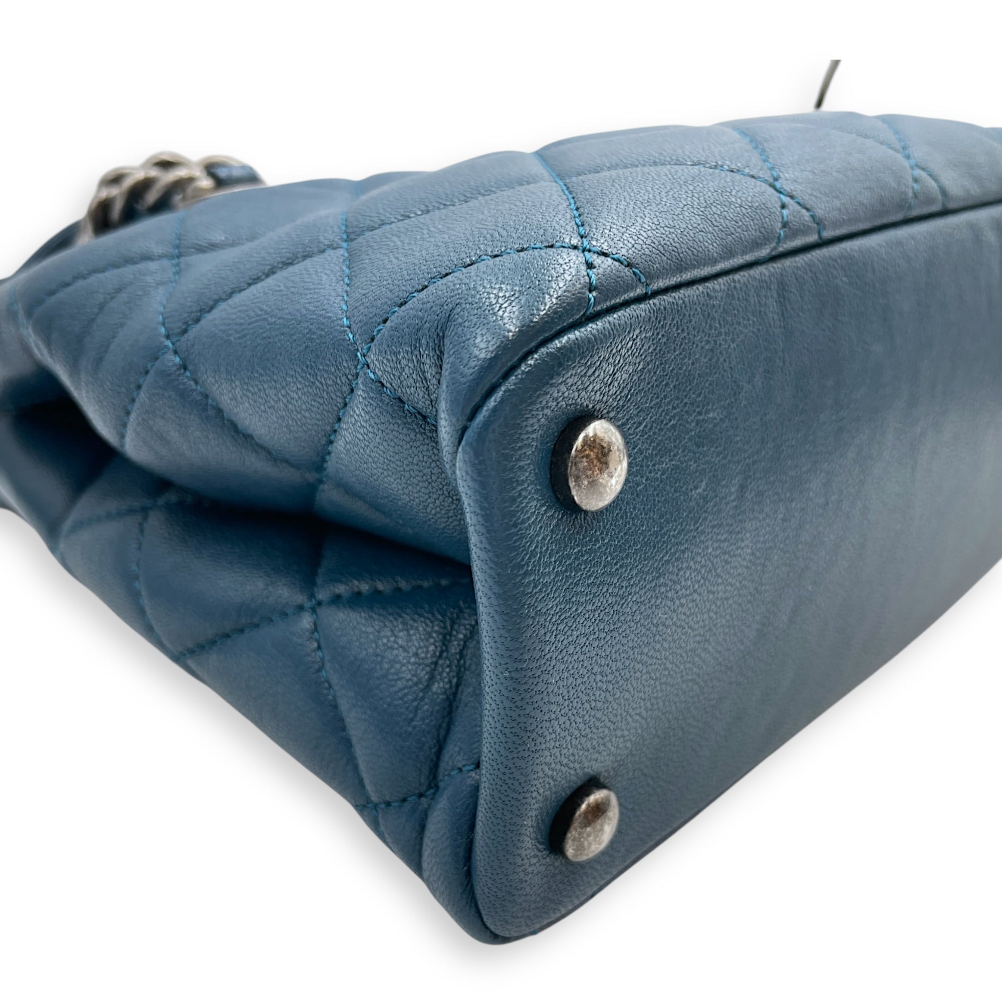 Quilted Boy Tote Small Blue Shoulder Bag in Goat Leather, Ruthenium hardware