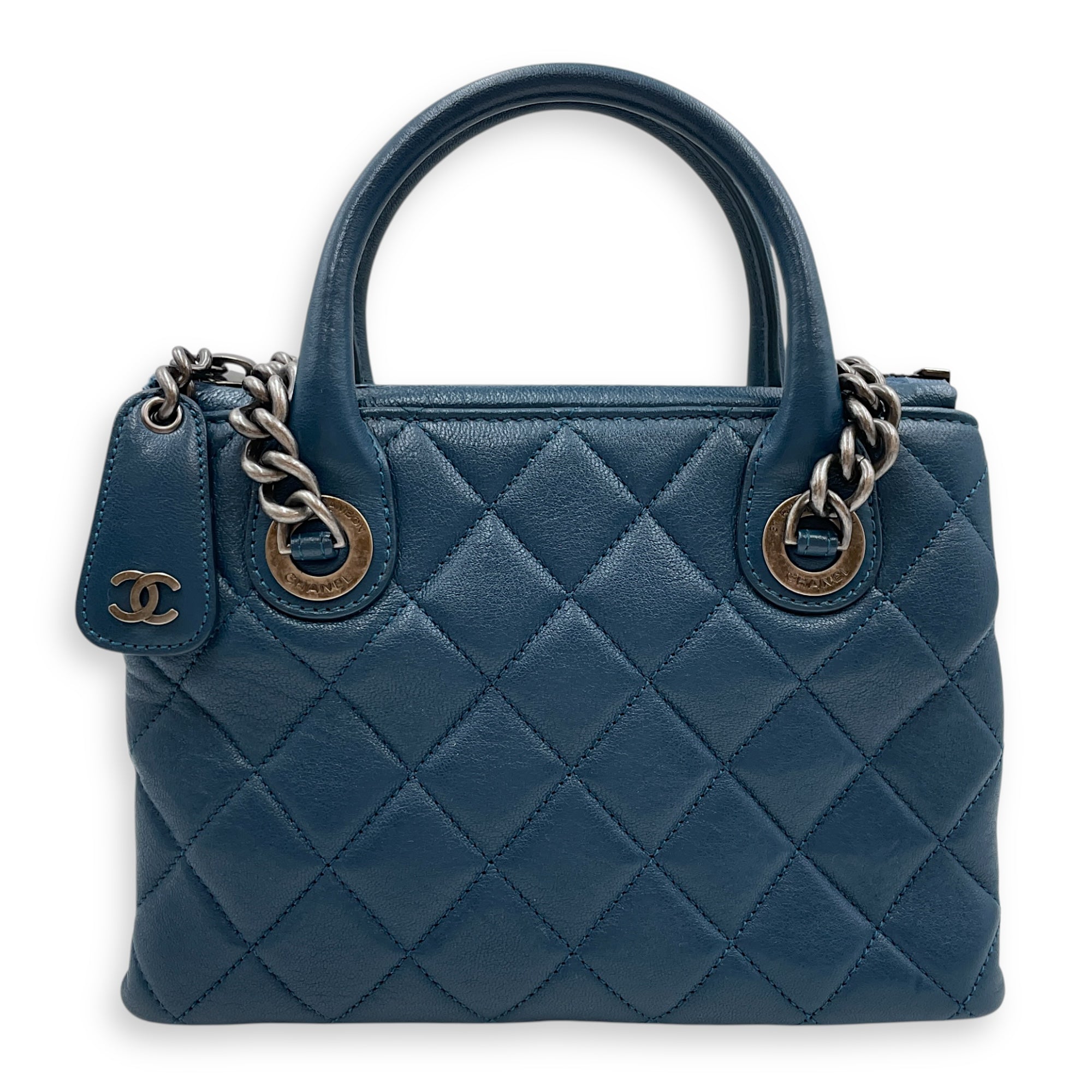 Quilted Boy Tote Small Blue Shoulder Bag in Goat Leather, Ruthenium hardware