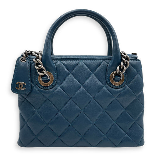 Quilted Boy Tote Small Blue Shoulder Bag in Goat Leather, Ruthenium hardware