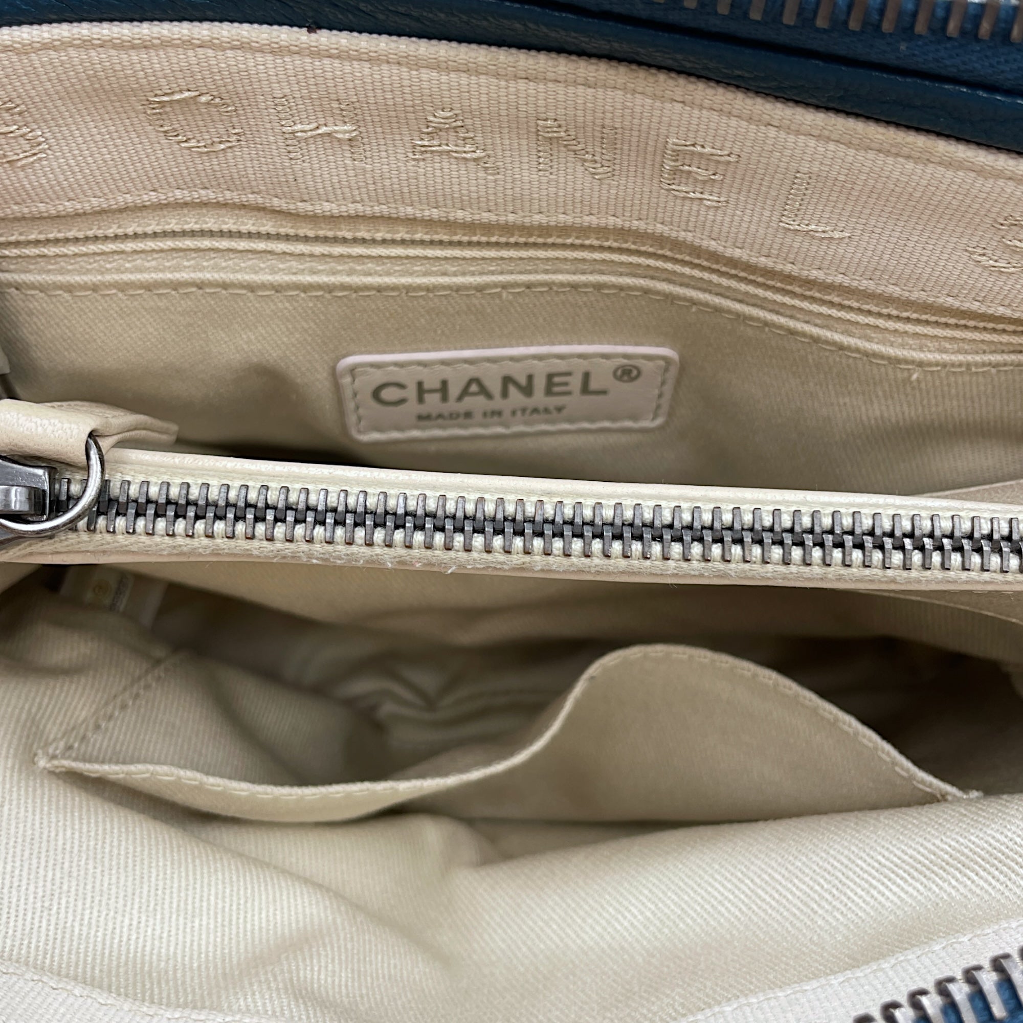Quilted Boy Tote Small Blue Shoulder Bag in Goat Leather, Ruthenium hardware