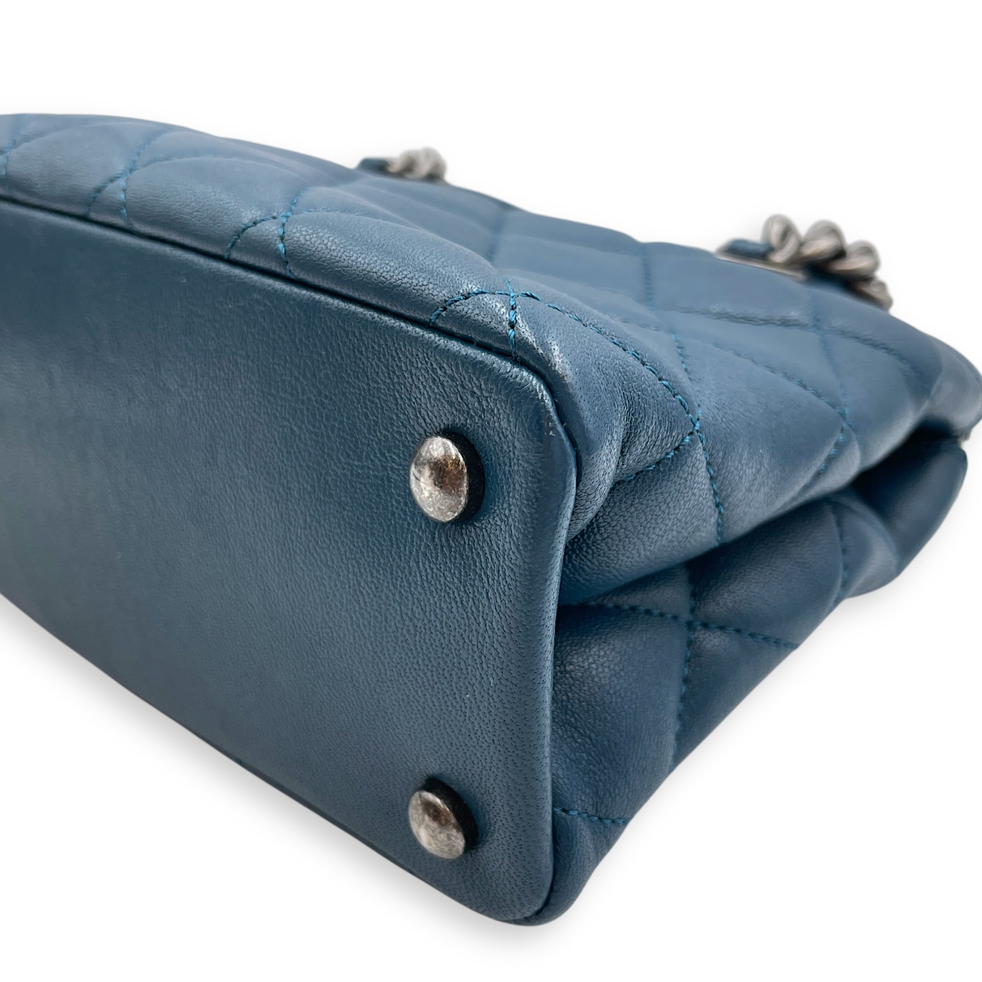 Quilted Boy Tote Small Blue Shoulder Bag in Goat Leather, Ruthenium hardware