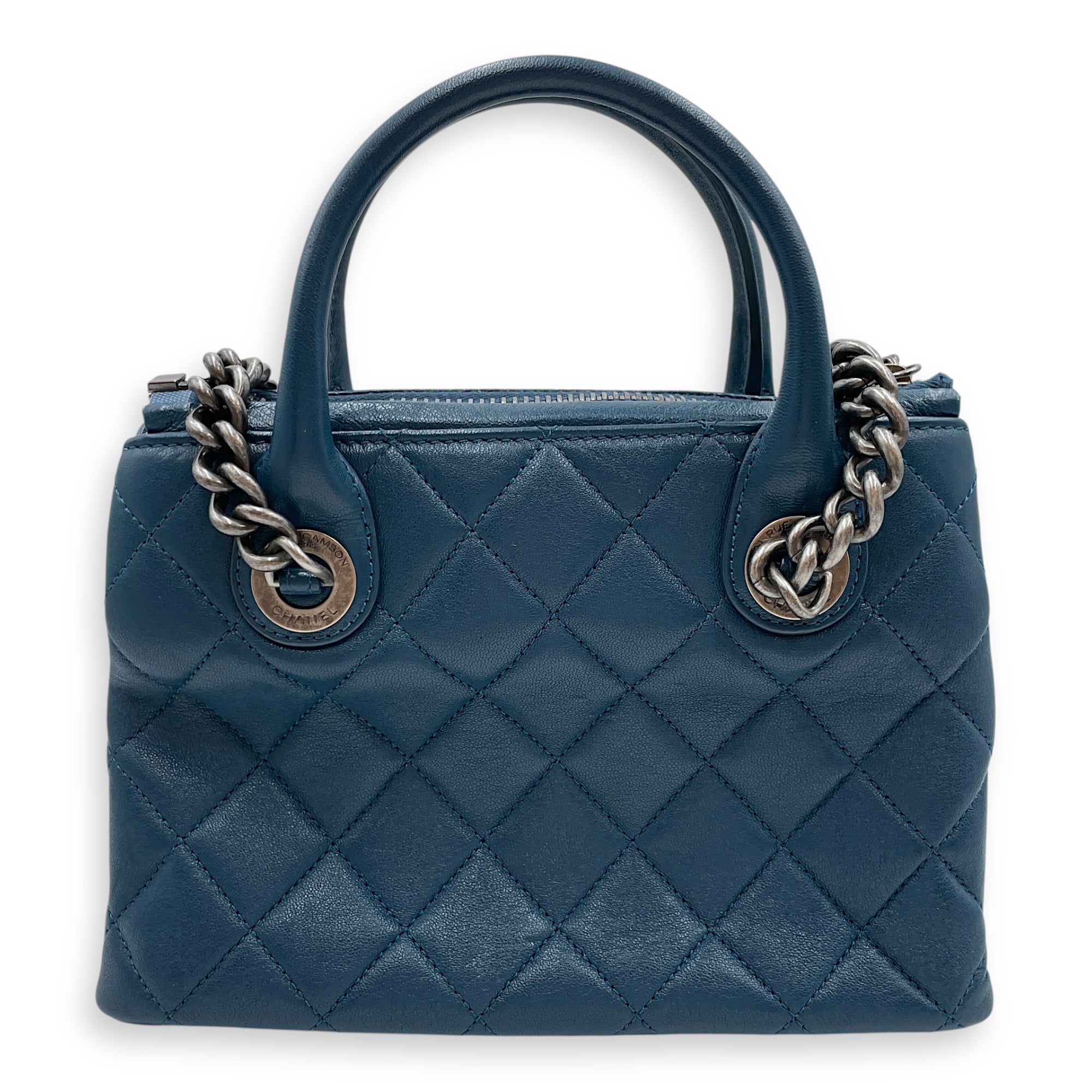 Quilted Boy Tote Small Blue Shoulder Bag in Goat Leather, Ruthenium hardware