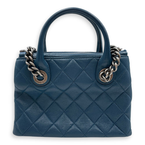 Quilted Boy Tote Small Blue Shoulder Bag in Goat Leather, Ruthenium hardware