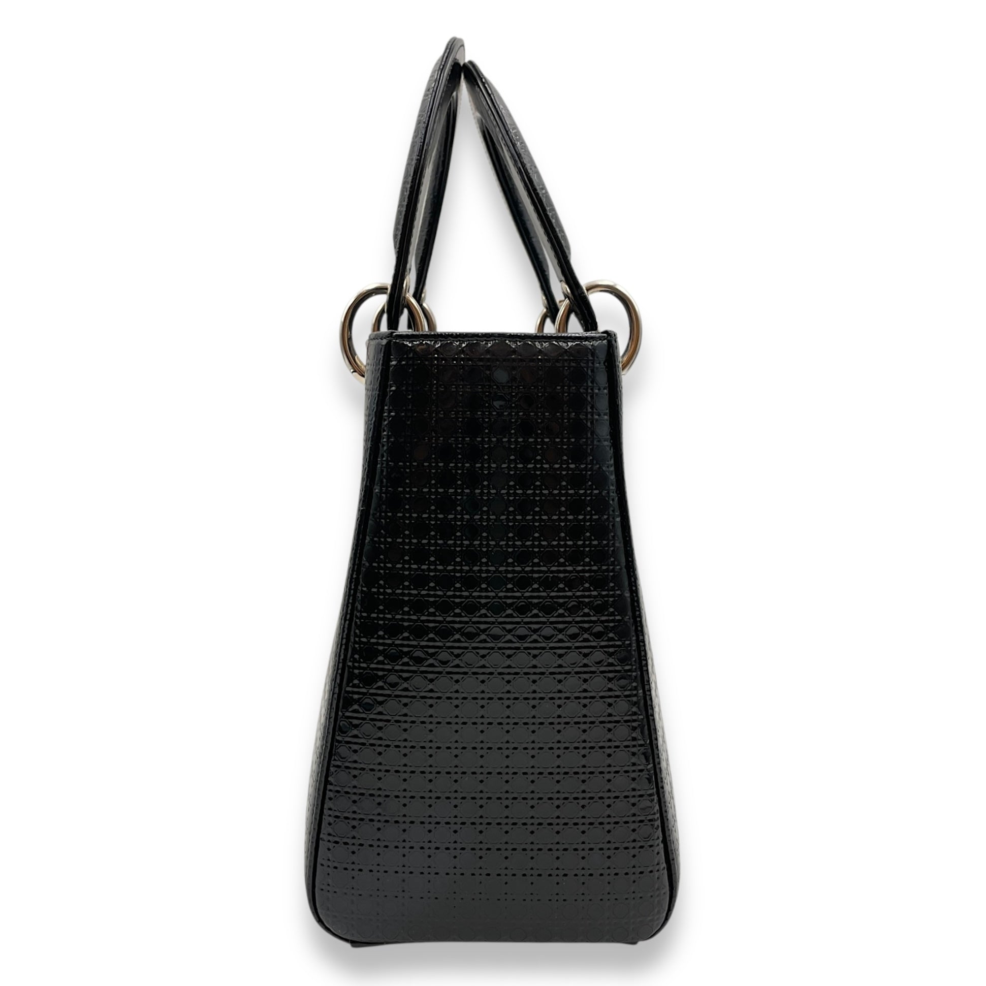 Lady Dior Cannage Tote with Zipper Medium Black Top Handle Bag in Patent, Silver hardware