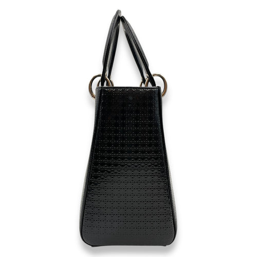 Lady Dior Cannage Tote with Zipper Medium Black Top Handle Bag in Patent, Silver hardware