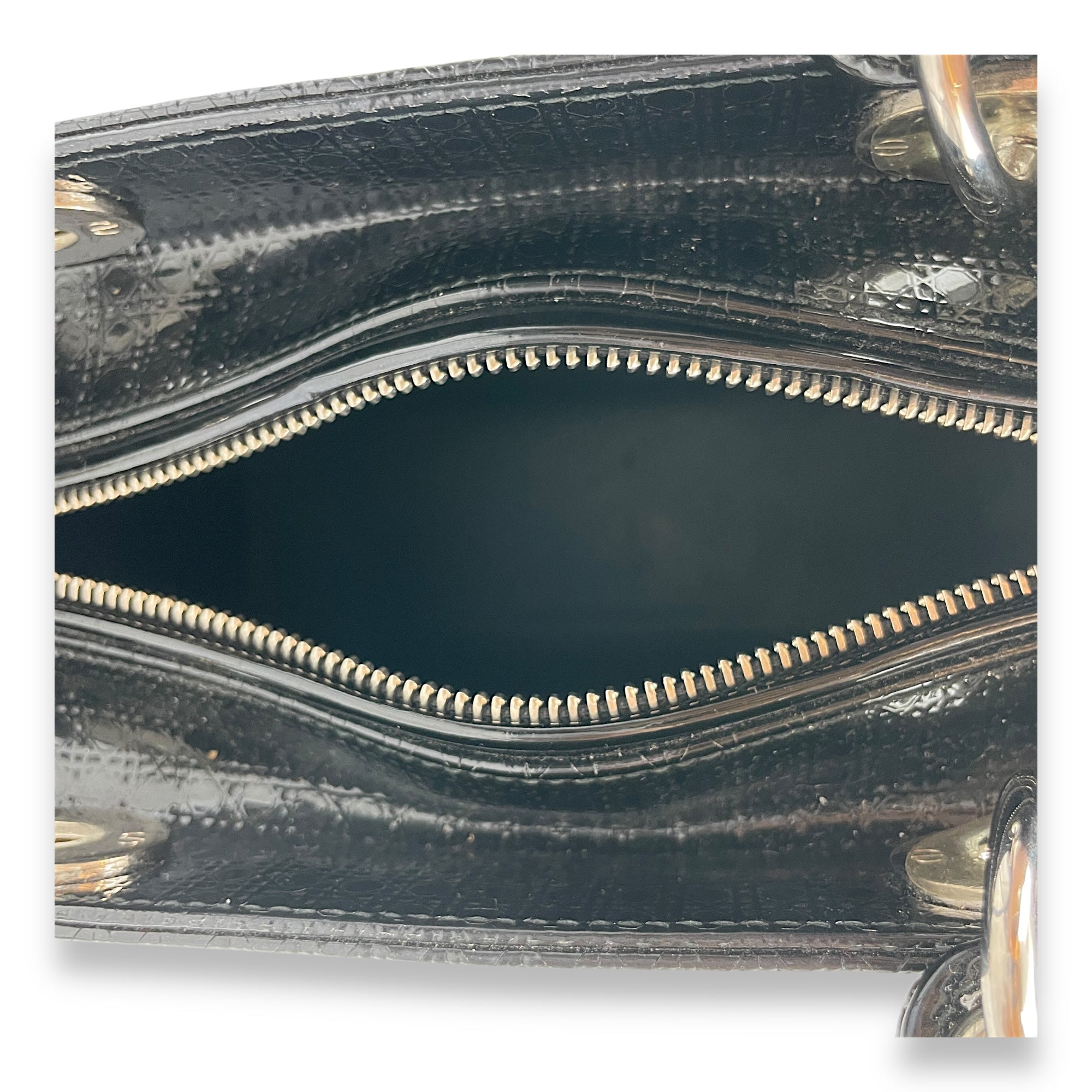 Lady Dior Cannage Tote with Zipper Medium Black Top Handle Bag in Patent, Silver hardware