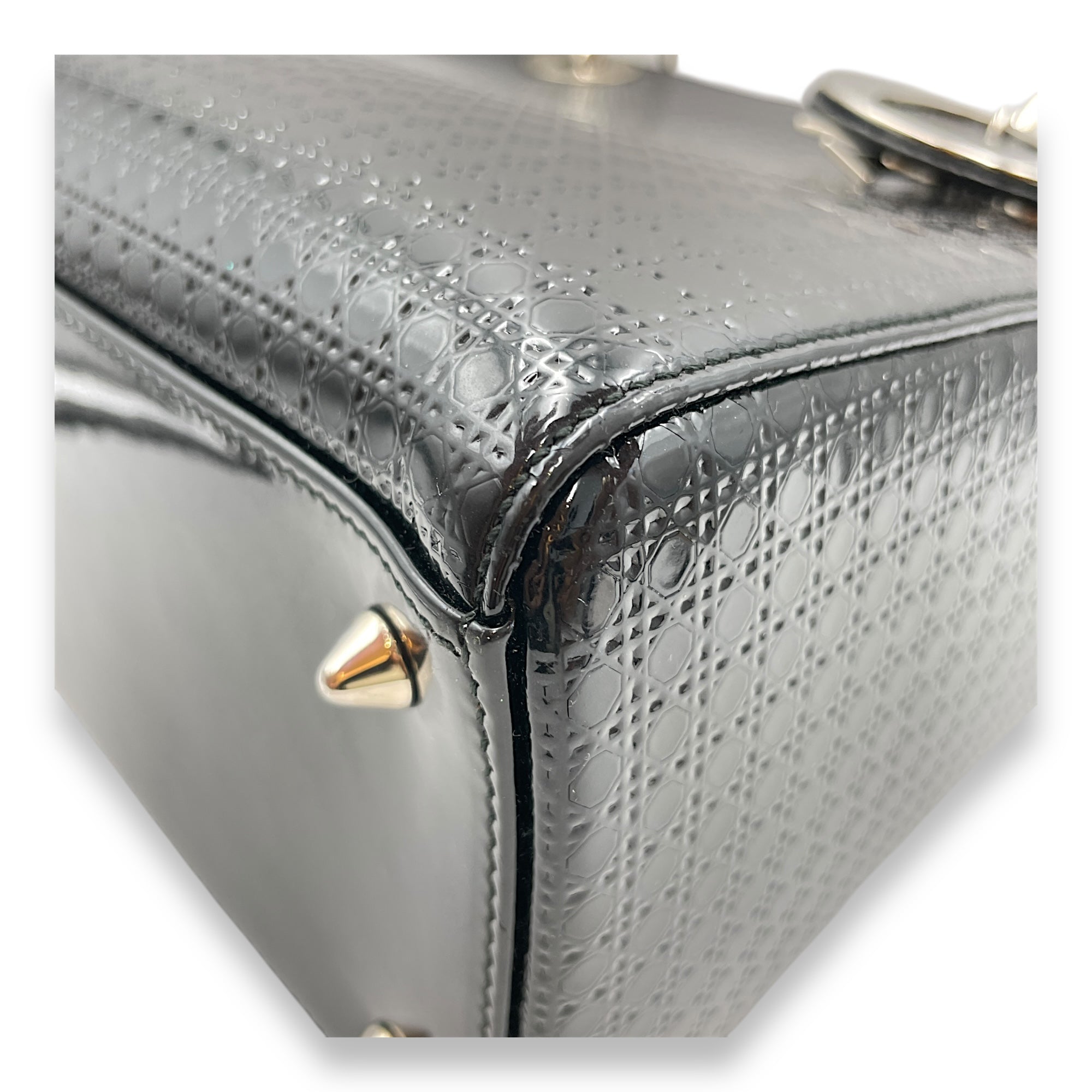 Lady Dior Cannage Tote with Zipper Medium Black Top Handle Bag in Patent, Silver hardware