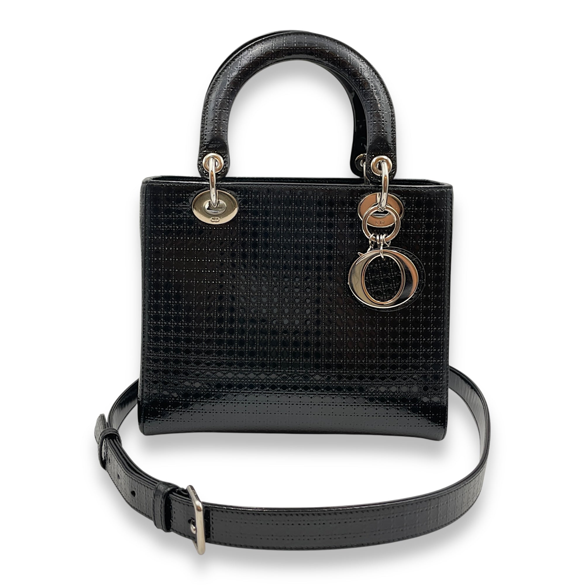 Lady Dior Cannage Tote with Zipper Medium Black Top Handle Bag in Patent, Silver hardware