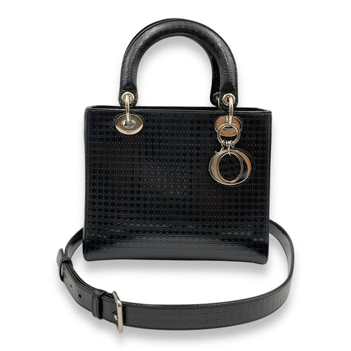 Lady Dior Cannage Tote with Zipper Medium Black Top Handle Bag in Patent, Silver hardware