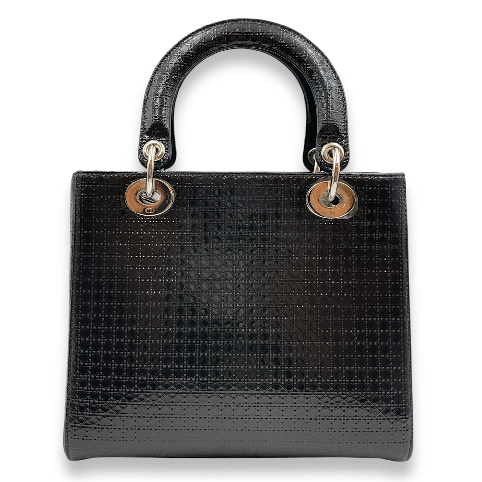 Lady Dior Cannage Tote with Zipper Medium Black Top Handle Bag in Patent, Silver hardware